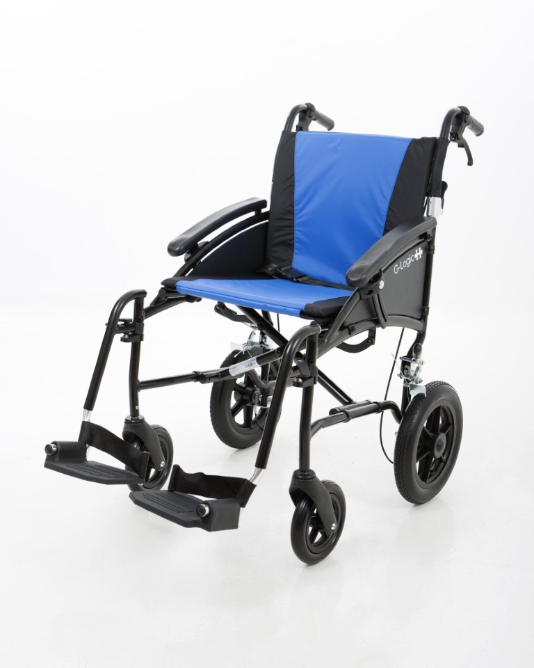 Excel G-Logic Lightweight Transit Wheelchair With 18'' Black Frame and Blue Upholstery